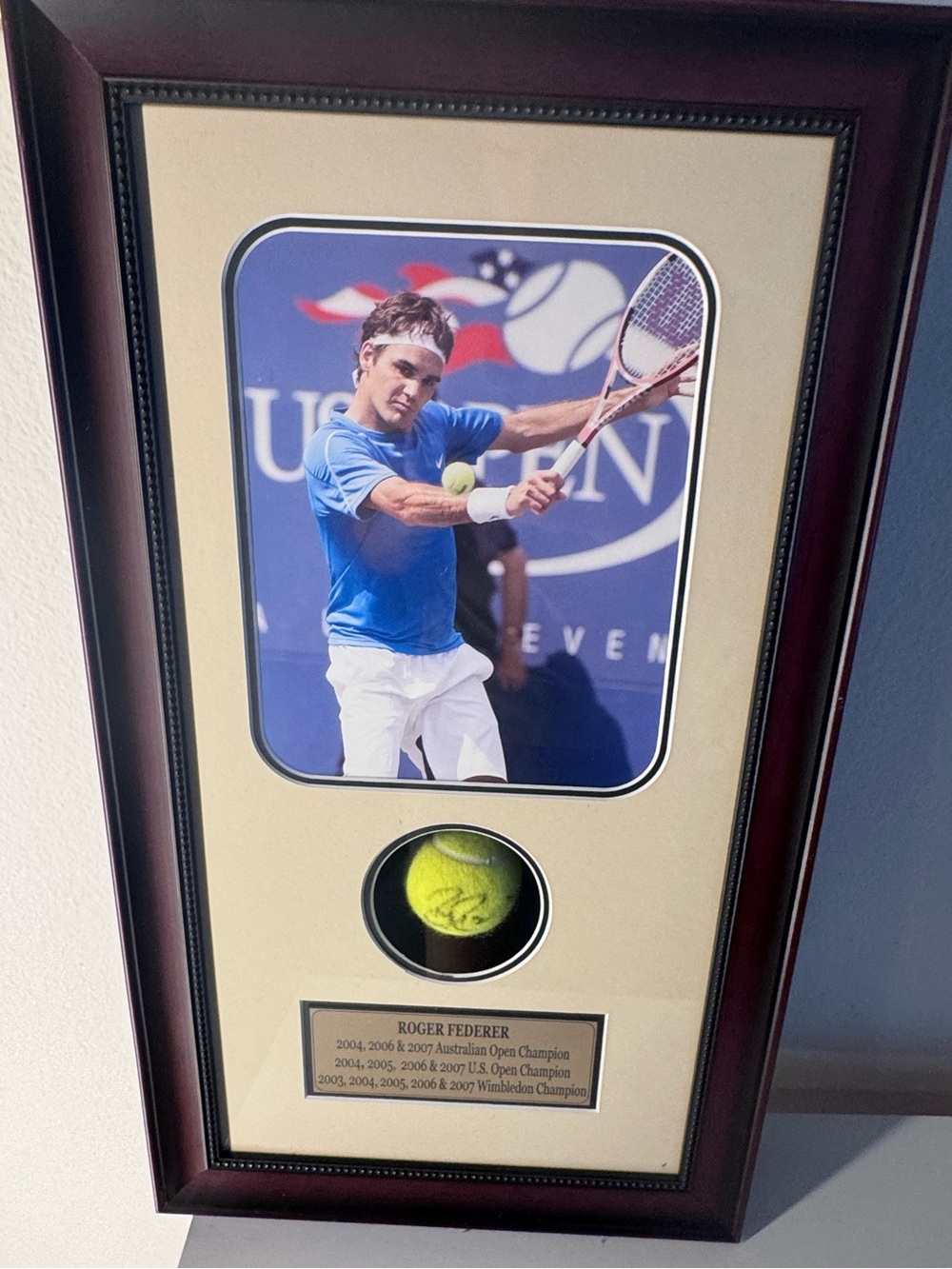 Roger Federer Signed Tennis Ball Framed US
Open Photo Ace COA 14x25